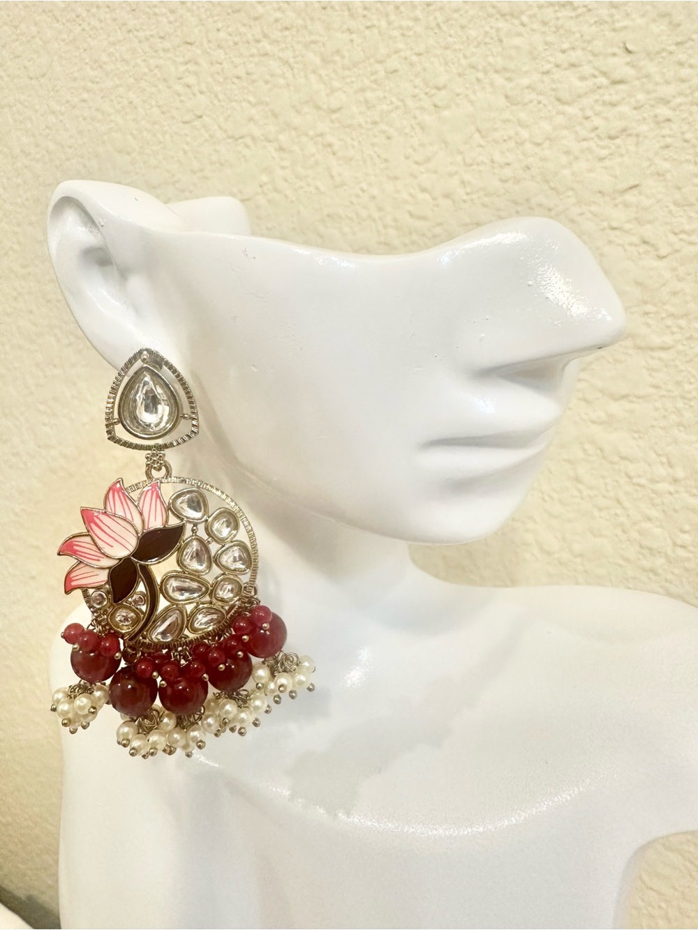 Elegant Gold Plated Red Floral Kundan Chandbali Earrings